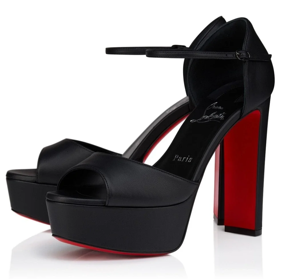 Christian Louboutin Sandaloo 130 Black Leather Platform Block Heel Sandal 39.5